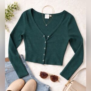 Live In The Moment Green Ribbed Waffle Knit Snap Front Cropped Top Small